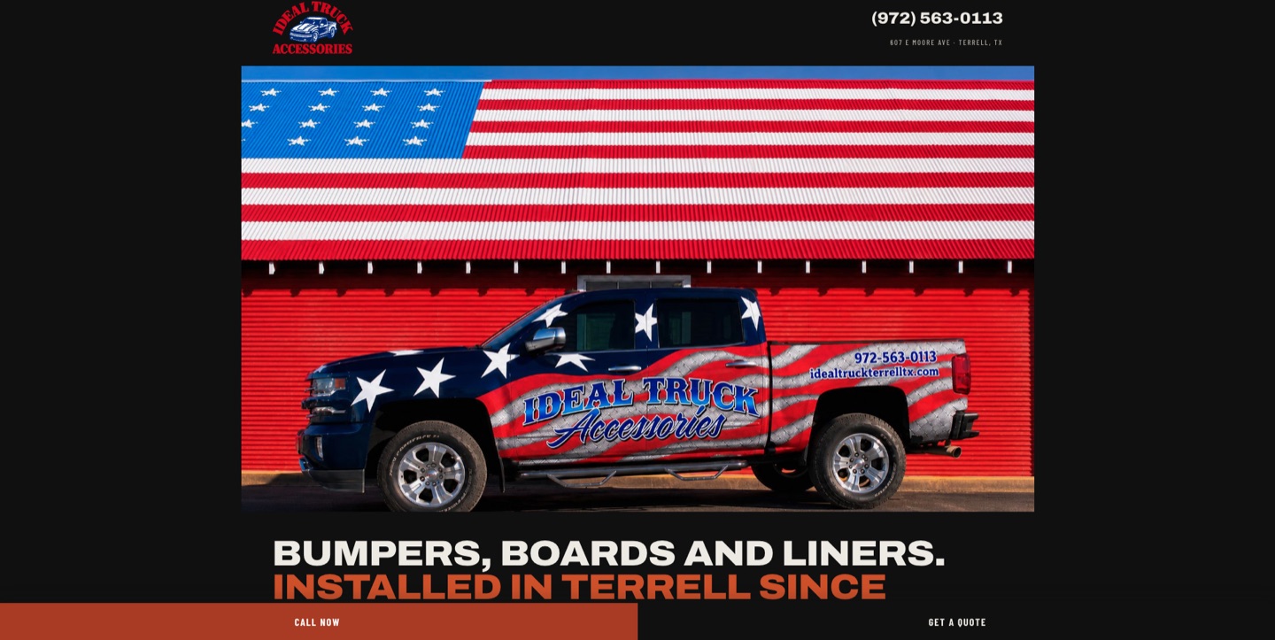 Ideal Truck Accessories website in Terrell, Texas &mdash; homepage showing the shop's wrapped truck, phone number and street address