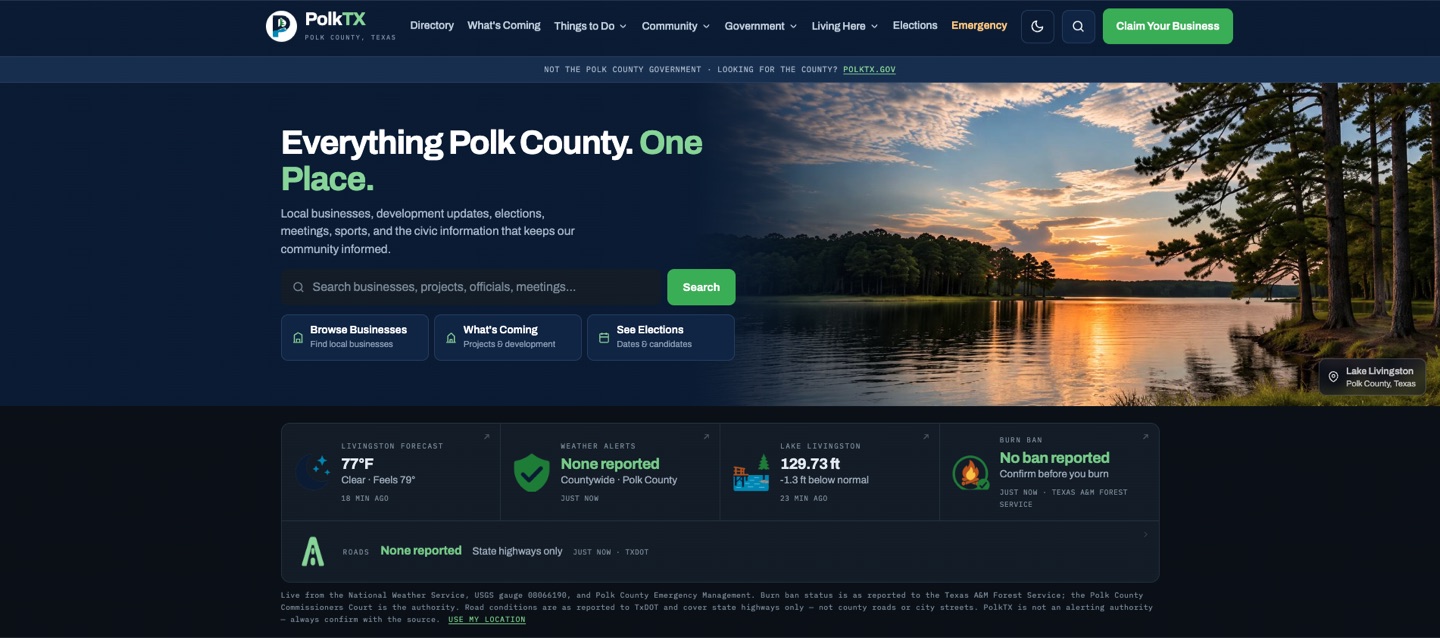 PolkTX homepage in Livingston, Texas &mdash; county reference site showing live Lake Livingston level, burn ban status and road conditions